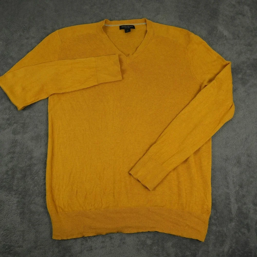 Banana Republic Sweater Mens L Yellow Silk Linen V-Neck Pullover Natural Fiber